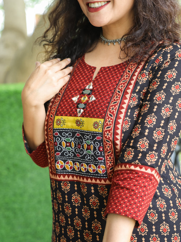 Mohini Ebony Black Kutch Mirror Yoke with Embroidery Work Ajrak Print Cotton Kurti-D1