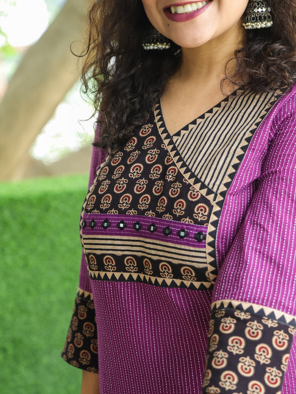 Ada Dark Purple Ajrak Printed Angrakha Yoke with Mirror Work Running Stitch Cotton Kurti