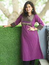 Ada Dark Purple Ajrak Printed Angrakha Yoke with Mirror Work Running Stitch Cotton Kurti