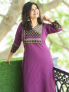 Ada Dark Purple Ajrak Printed Angrakha Yoke with Mirror Work Running Stitch Cotton Kurti