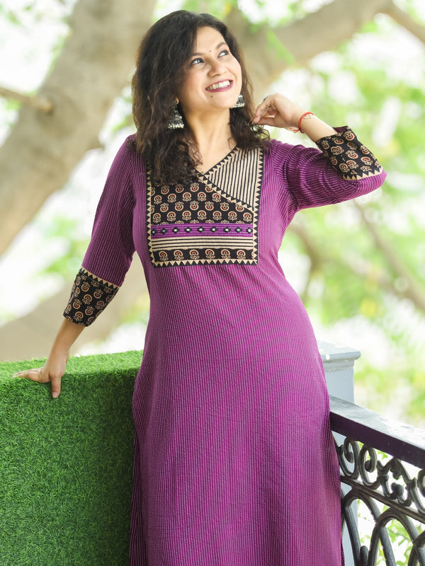 Ada Dark Purple Ajrak Printed Angrakha Yoke with Mirror Work Running Stitch Cotton Kurti