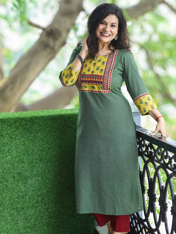 Mehek Forest Green with Ajrak Printed Yoke and Mirror Work Running Stitch Cotton Kurti