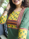Mehek Forest Green with Ajrak Printed Yoke and Mirror Work Running Stitch Cotton Kurti