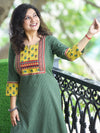 Mehek Forest Green with Ajrak Printed Yoke and Mirror Work Running Stitch Cotton Kurti