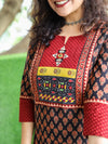 Mohini Coal Black Kutch Mirror Yoke with Embroidery Work Gamthi Print Cotton Kurti-D2