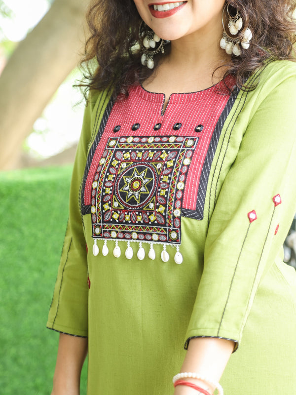 Vamika Pine Green with Embroidered Patch Yoke with Shell Work Cotton Kurti