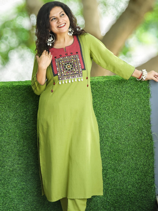 Vamika Pine Green with Embroidered Patch Yoke with Shell Work Cotton Kurti