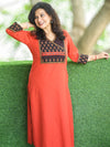 Dua Pumpkin Rust Ajrak Print Yoke with MIrror on Angrakha Style Neck Cotton Kurti