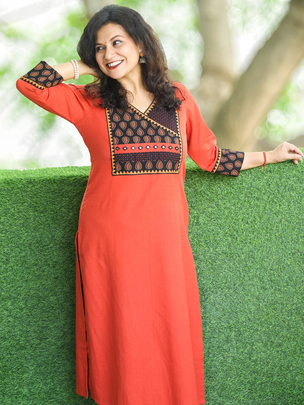 Dua Pumpkin Rust Ajrak Print Yoke with MIrror on Angrakha Style Neck Cotton Kurti