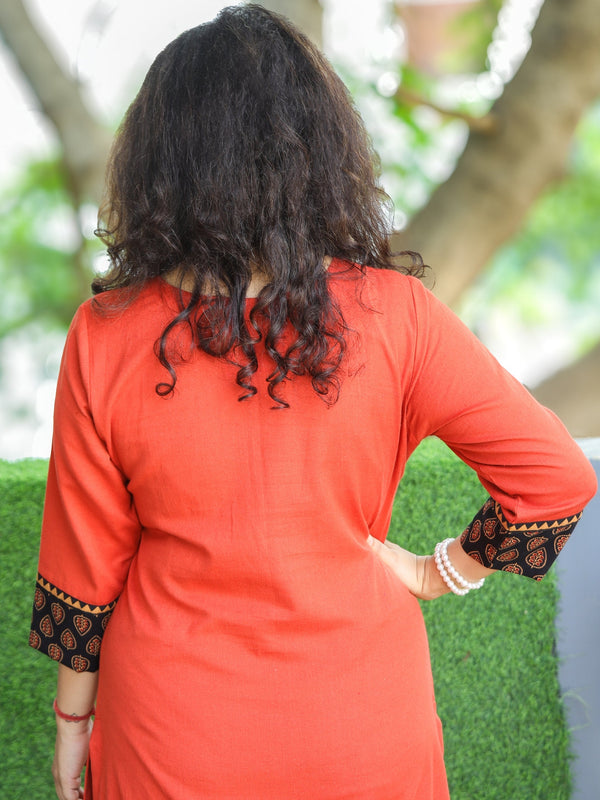 Dua Pumpkin Rust Ajrak Print Yoke with MIrror on Angrakha Style Neck Cotton Kurti