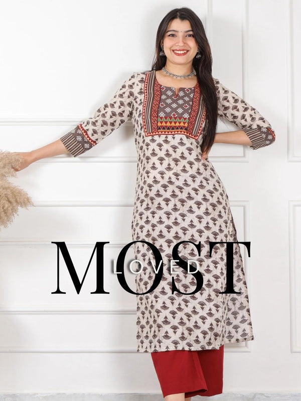 Ruhaniyaat Latte Beige Mirror with Kutch Fusion Work Cotton Kurti-D1